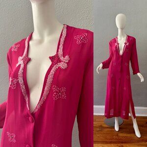 Vintage Pink Sheer Boho Beaded Cardigan Duster Jacket XL